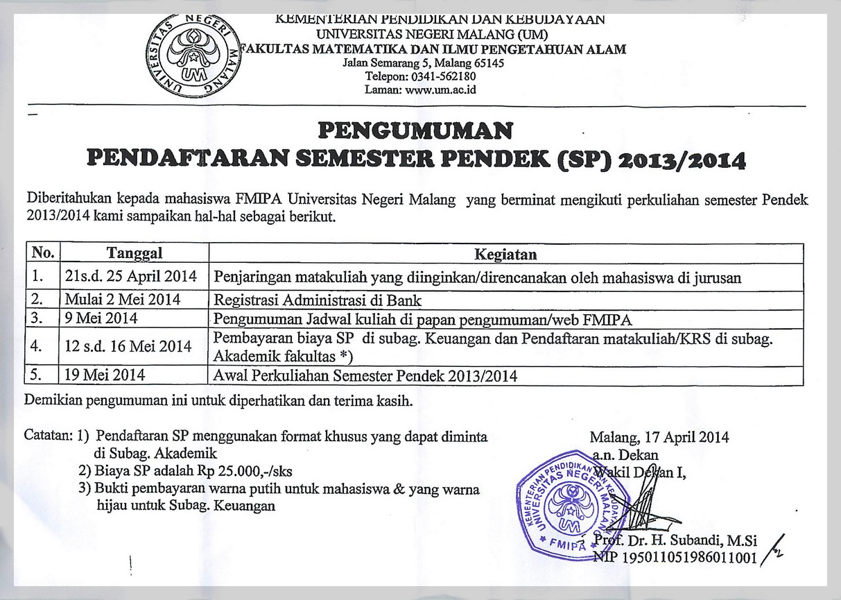 Pengumuman Semester Pendek 2013/2014