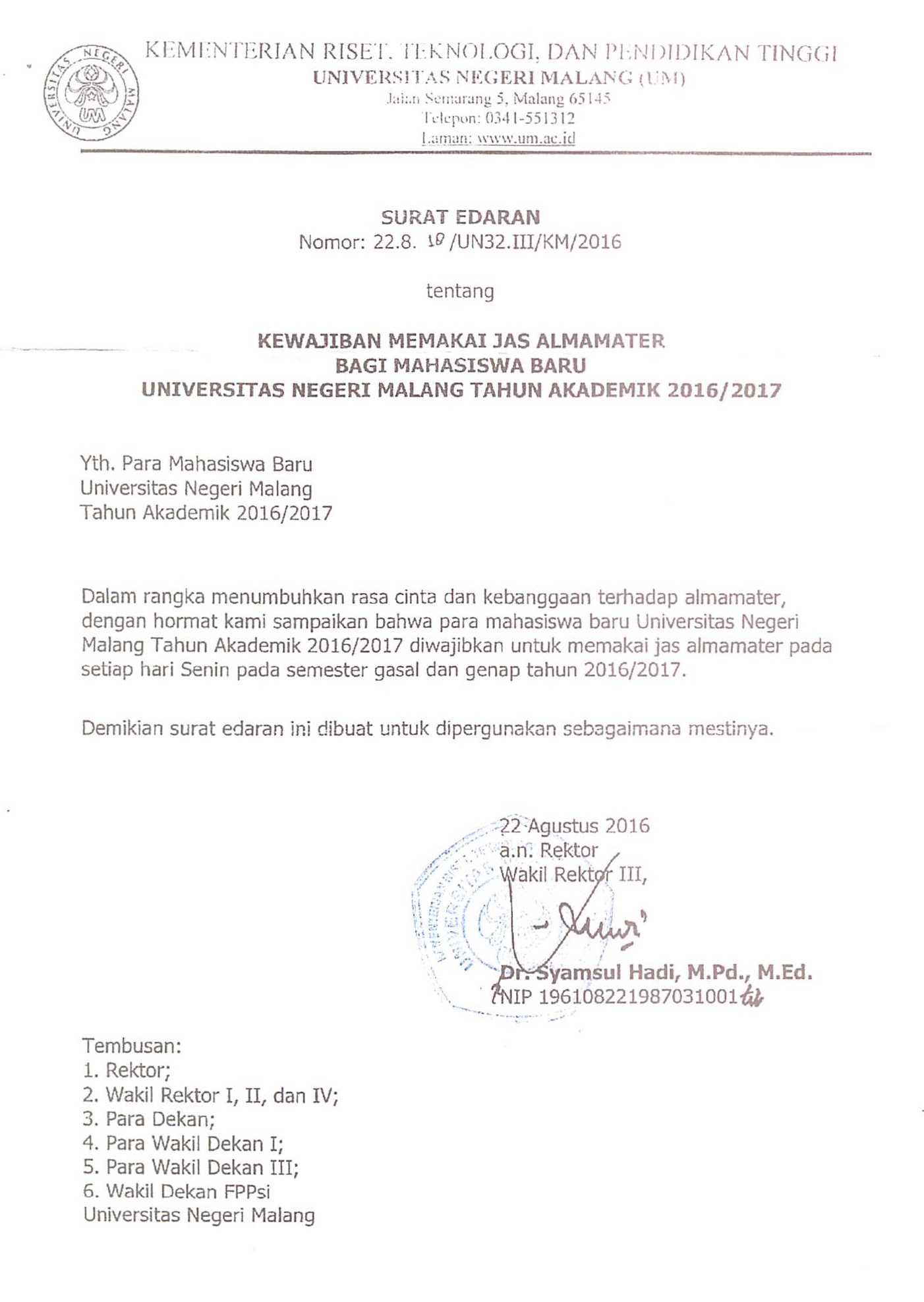 Surat Edaran Rektor : Kewajiban memakai jas alamamater untuk mahasiswa baru