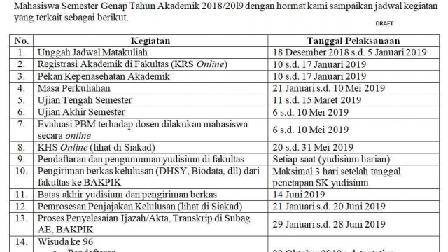 Jadwal Akademik Genap 2018-2019