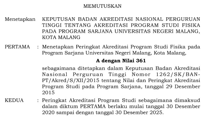Surat Keputusan Akreditasi S1 Fisika