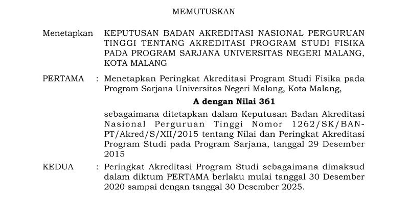 Surat Keputusan Akreditasi S1 Fisika